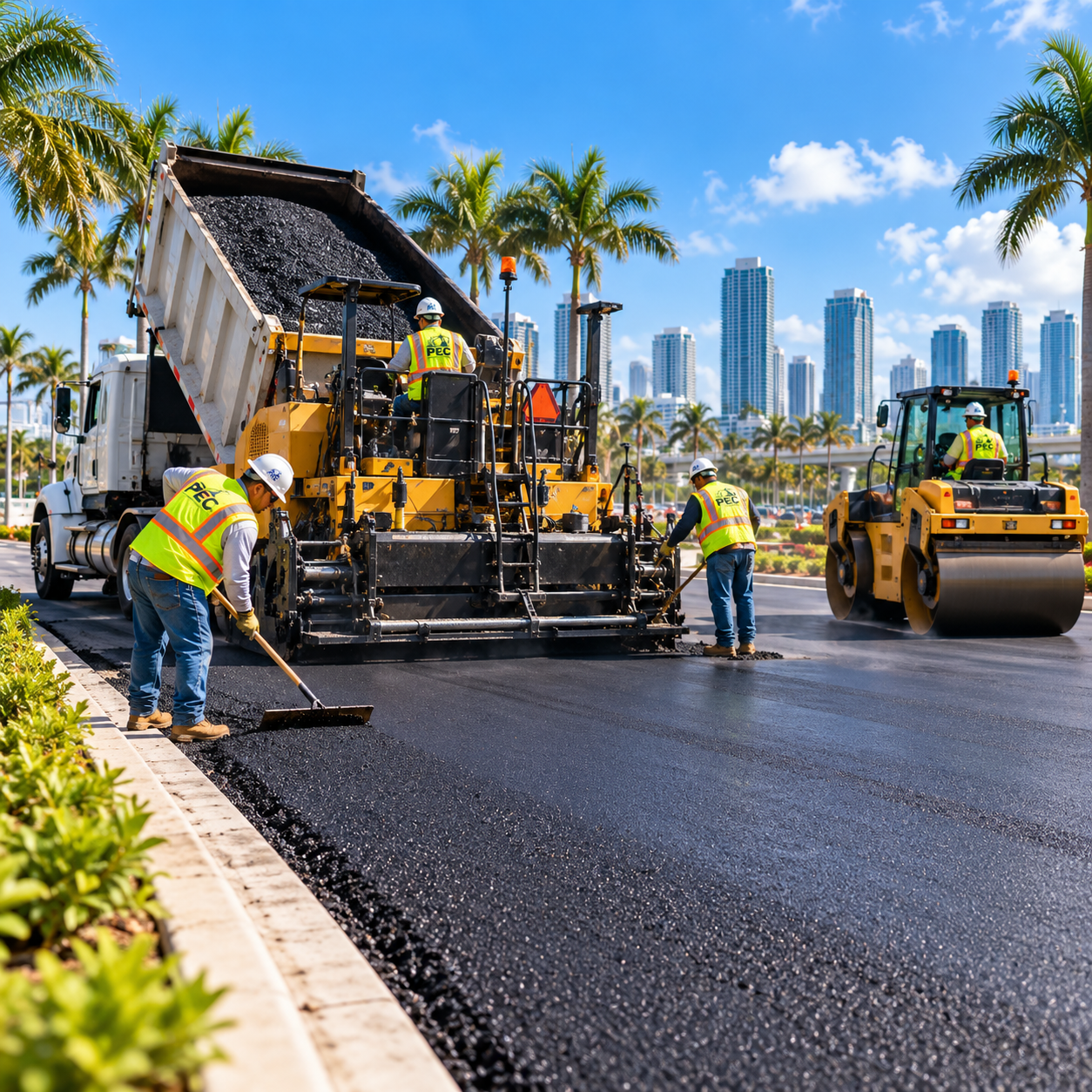 PEC excavator loading fill into a dump truck on a Miami-Dade site development project.